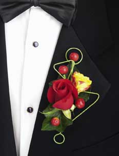 This boutonniere consists of one red rose, one stem of yellow 	spray roses, 4 red berries, and 3 leaves of green ivy.