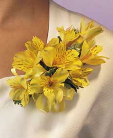 This corsage contains flowers such as yellow alstroemeria, 	variegated ivy and yellow satin ribbon.