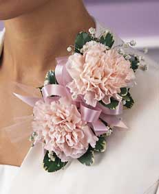This corsage contains flowers such as pink carnations, 	gypsophilia, variegated ivy and pink satin ribbon.