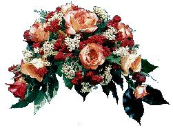 bouquet is made with burgundy and lemon yellow roses, dried 
		bell flowers and plumosa ferns.